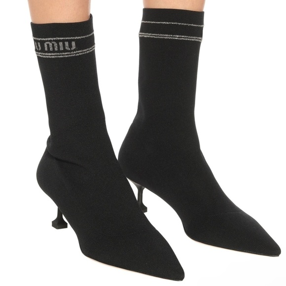 Miu Miu Black Sock Boots Pointed Toe Bootie Black Nero Cromo 37 / 7 - Picture 10 of 13